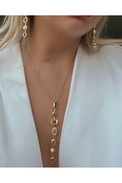 Y Model Necklace with Colored Gemstone