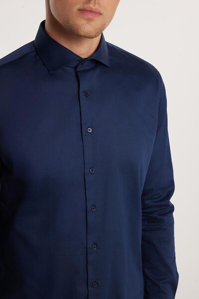 Tudors Slim Fit Uzun Kollu Koton Satenpremium Seri Erkek Lacivert Gömlek