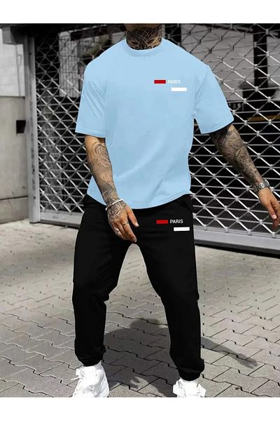 PAVRO Men's Black Line Hardcore Paris Printed Oversize Tracksuit Set