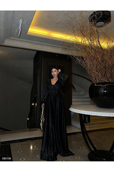 Modafeminen Simli Tül Abiye 583106 Siyah