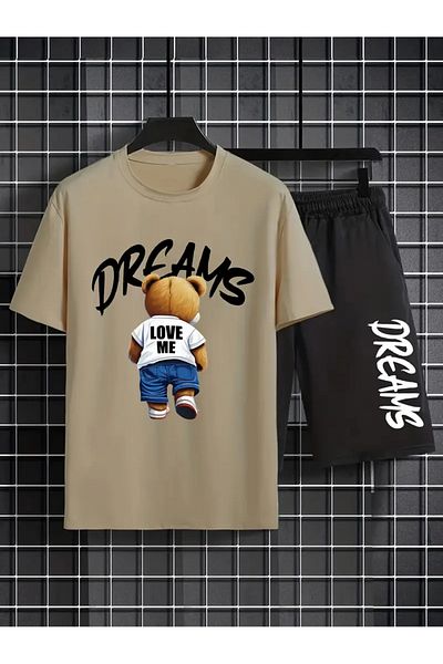NEW TRENDY COLLECTİON Bear Patterned Men's Short Sleeve T-Shirt & Lace-Up Shorts Set of 2 with Sunglasses