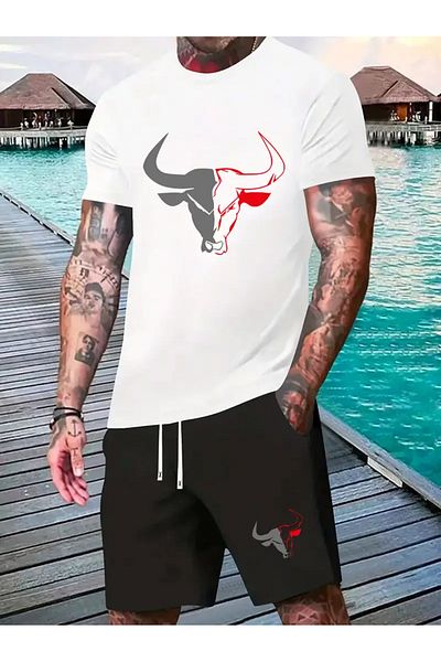 Minikelya Men's 2Pcs Casual Sportswear Set, Crew Neck Short Sleeve T-Shirt