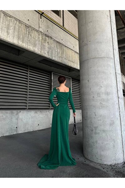 Modafeminen Simli Kol Detay Abiye 583039 Zumrut