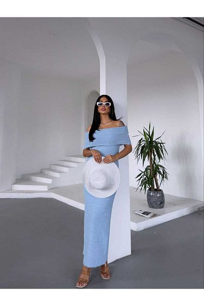 Cistern İstanbul Rochie lungă de tricotaj cu textura cu guler Madonna albastru pentru femei