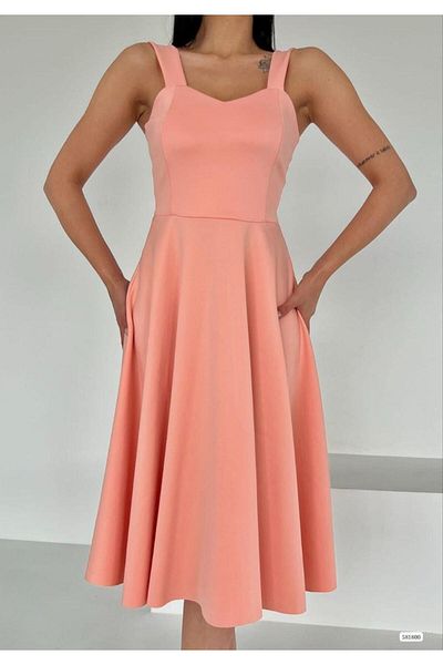 Modafeminen Scuba Fabric Flared Skirt Strap Evening Dress and Graduation Dress 581800 Powder