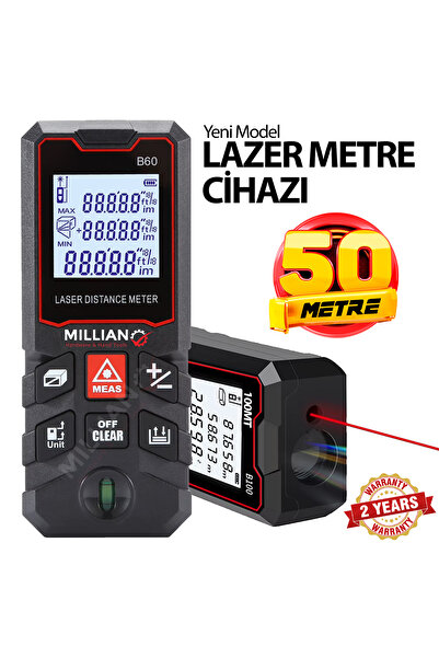Millian 50 Metre Yüksek Hassasiyet Lazer Metre Ölçer LCD Dijital Ekran Su Terazili Lazermetre Lazerli