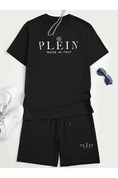 Minikelya Set of Black T-Shirts and Shorts with Print "Plein" for Men