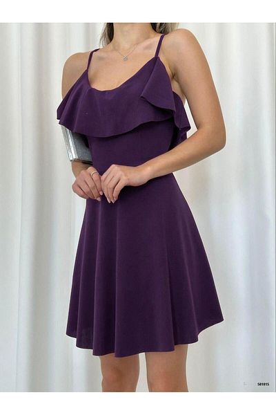 Modafeminen Stretchy Crepe Fabric Front Kiloş Low-Cut Strap Mini Dress 581815   Purple