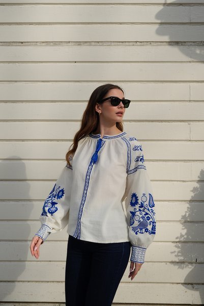 QUREKLİ Women's White Design Prevailing Collar Blue Embroidered Shirt