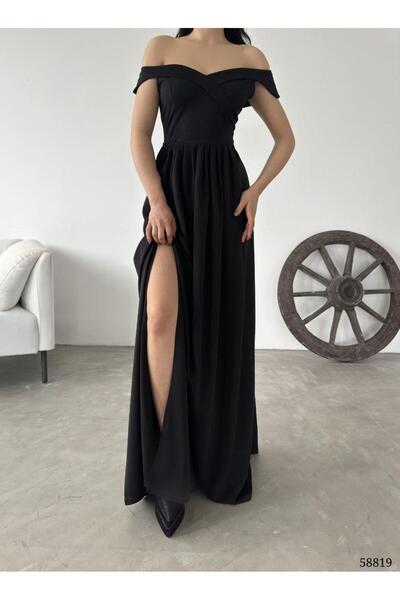 Modafeminen Kayık Yaka Yırtmaçlı Uzun Abiye Elbise 58819 Siyah