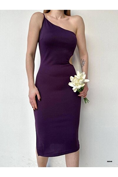 Modafeminen Tek Omuz Yan Dekolteli Midi Elbise Mor 582049