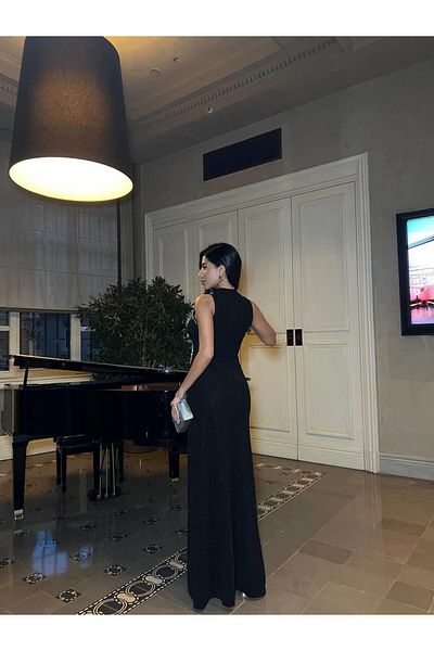 Modafeminen Stand Collar Stone Detailed Slit Glitter Evening Dress 583187 Black