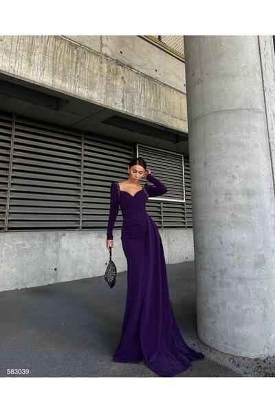 Modafeminen Simli Kol Detay Abiye 583039 Mor