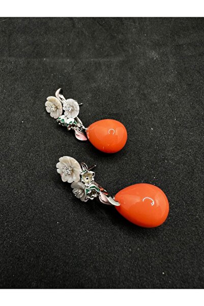 Jewel İTHAL MERCAN TAŞLI MİNELİ MANOLYA ÇİÇEK GÜMÜŞ KÜPE