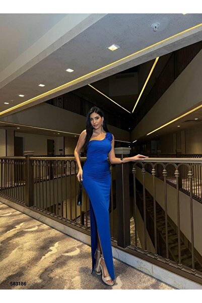 Modafeminen Sandy Kumaş Tek Omuz Detaylı Uzun Elbise 583186 Saks