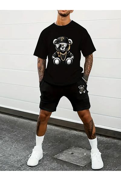 NEW TRENDY COLLECTİON Bear Patterned Men's Short Sleeve T-Shirt & Lace-Up Shorts Set of 2 with Sunglasses