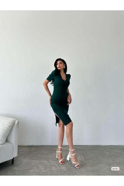 Modafeminen Kruvaze Yaka Yandan Yırtmaçlı Elbise 582907 Zumrut