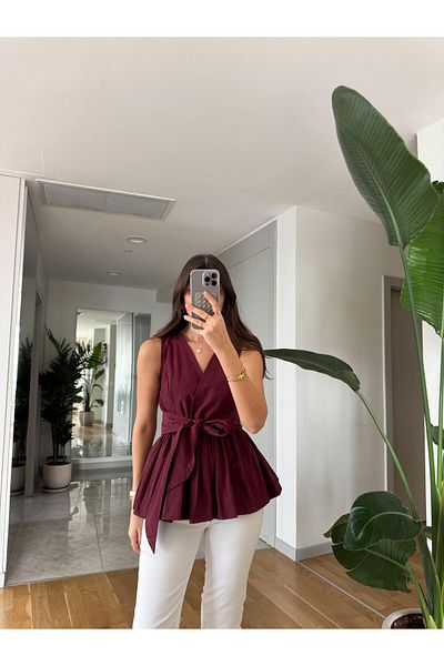 Cistern İstanbul Women's Burgundy Belted V-Neck Blouse