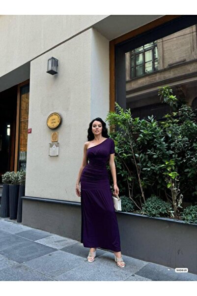 Modafeminen Sandy Kumaş Tek Omuz Detaylı Uzun Elbise 583010 Mor