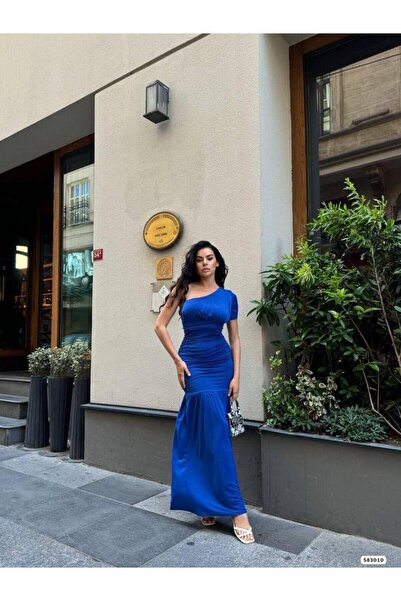 Modafeminen Sandy Kumaş Tek Omuz Detaylı Uzun Elbise 583010 Saks