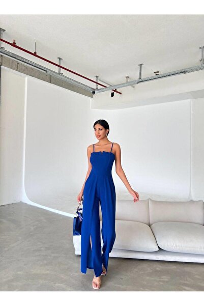 Modafeminen Krep Kumaş Askılı Yaka Ve Yırtmaç Detaylı Tulum 582232 Saks