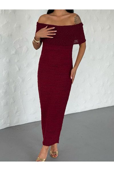 Cistern İstanbul Women's Burgundy Madonna Collar Textured Long Knitwear Dress