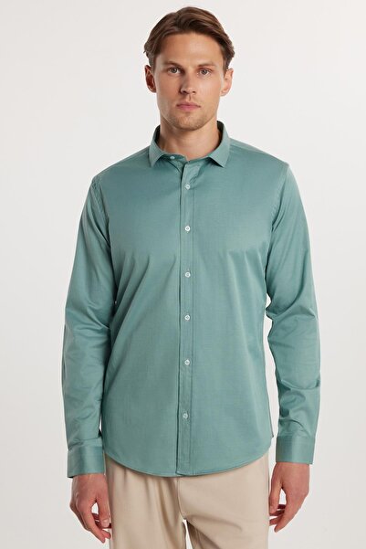 Tudors Slim Fit Uzun Kollu Likralı Düz Pamuk Saten Erkek Yeşil Gömlek