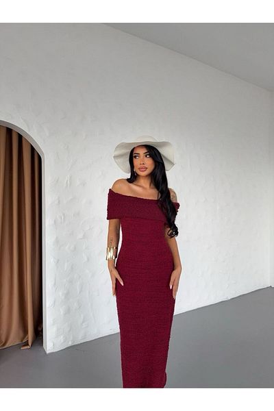 Cistern İstanbul Women's Burgundy Madonna Collar Textured Long Knitwear Dress