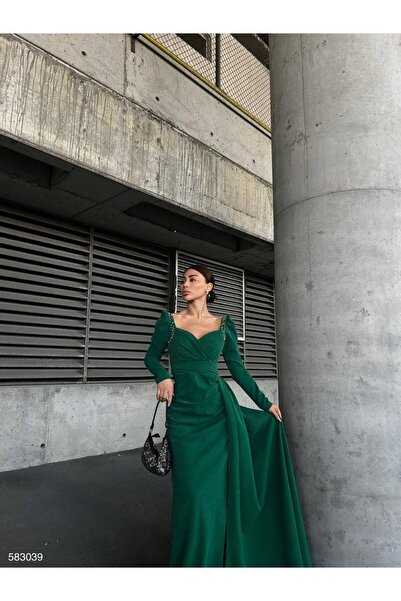 Modafeminen Simli Kol Detay Abiye 583039 Zumrut