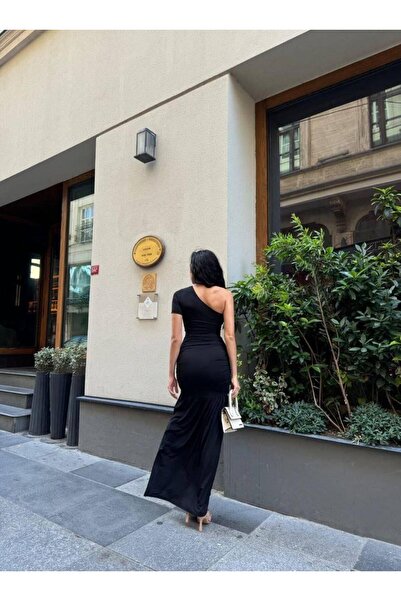 Modafeminen Sandy Kumaş Tek Omuz Detaylı Uzun Elbise 583010 Siyah