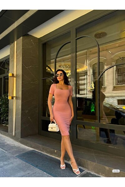 Modafeminen Kare Yaka Mini Basıc Elbise 582996 Gülkurusu