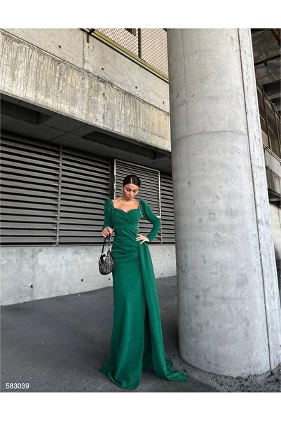 Modafeminen Simli Kol Detay Abiye 583039 Zumrut