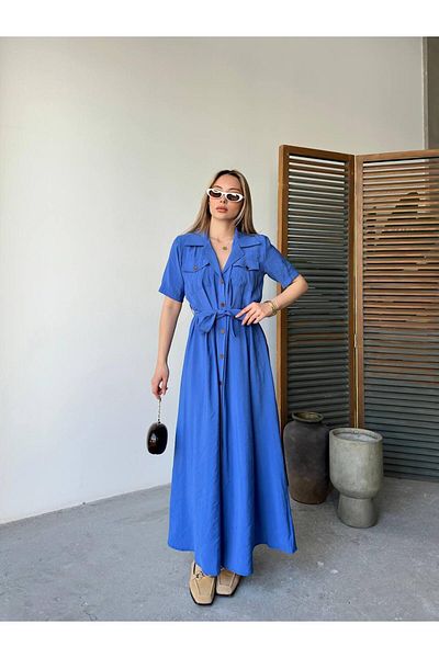 Cistern İstanbul Rochie de damă albastră cu buzunar, cu curea în față, cu mânecă scurtă, cu nasturi