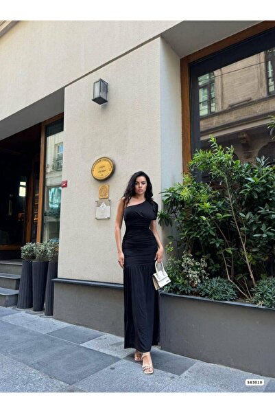 Modafeminen Sandy Kumaş Tek Omuz Detaylı Uzun Elbise 583010 Siyah