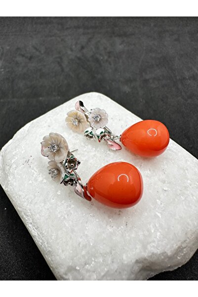 Jewel İTHAL MERCAN TAŞLI MİNELİ MANOLYA ÇİÇEK GÜMÜŞ KÜPE