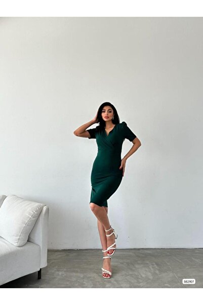 Modafeminen Kruvaze Yaka Yandan Yırtmaçlı Elbise 582907 Zumrut