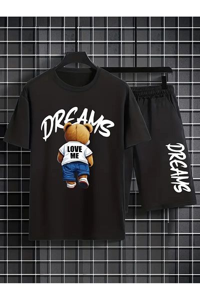 Minikelya Bear Patterned Men's Short Sleeve T-Shirt & Lace-Up Shorts Set of 2 with Sunglasses