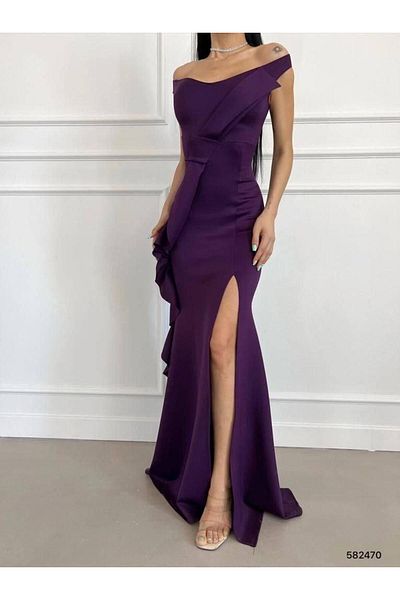 Modafeminen Boat Neck Cross Detailed Frilly Slit Fish Model Long Evening Dress 582470   Purple