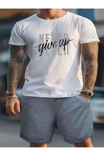 NEW TRENDY COLLECTİON Men's Fashion Never Ever Give up Letter Print Loungewear Set