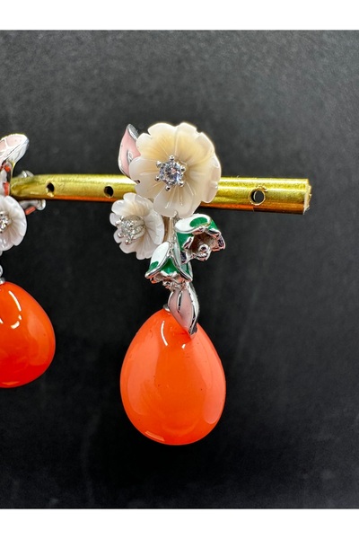 Jewel İTHAL MERCAN TAŞLI MİNELİ MANOLYA ÇİÇEK GÜMÜŞ KÜPE