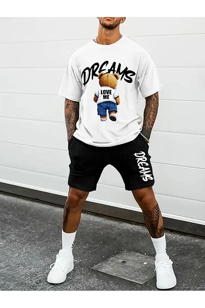 Minikelya Bear Patterned Men's Short Sleeve T-Shirt & Lace-Up Shorts Set of 2 with Sunglasses