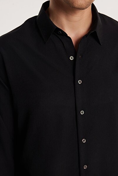 Tudors Oversize Mevsimlik Keten Dokulu Bol Kalıp Uzun Kollu Rahat Kullanım Erkek Siyah Gömlek