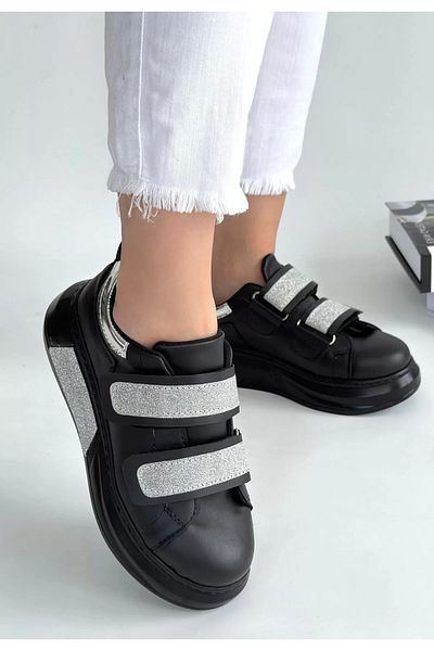 BİCANS Pantofi sport cu velcro cu sclipici din piele neagră Nino