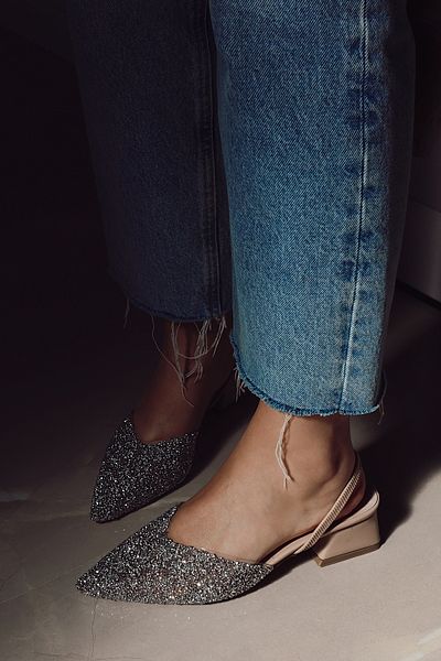 POLKA STORE Bright Transparent Broken Glass Stone Detailed Open Back Elastic Short Block Heeled Mary Jane Women's Shoes
