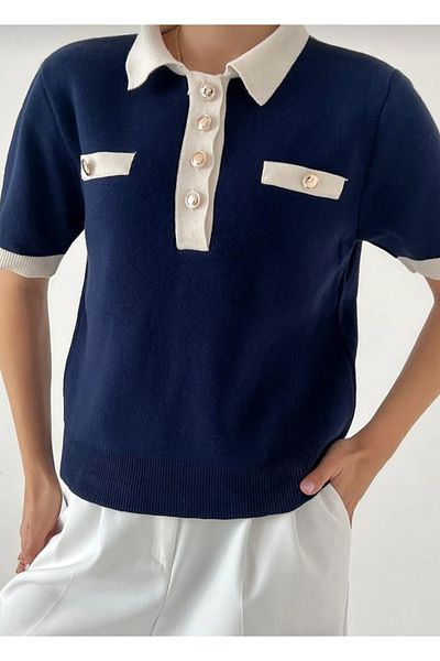K-ODEA BUTİK Women's Short Sleeve Seasonal Polo Neck Front Button Knitwear Sweater