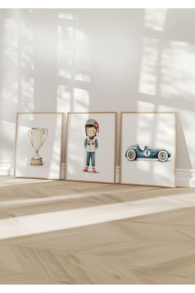 Home Set de 3 postere Little Racer, decor de perete pentru camera băieților Little Racer, poster fără încadrare