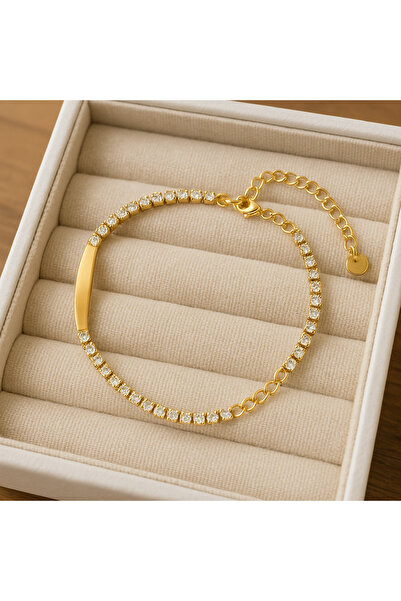 lampara - Altın Renk Taş Detaylı Ayarlanabilir Paslanmaz Çelik Bileklik