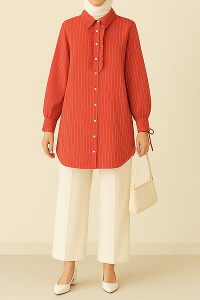 Modamorfo Lace-Up Front Ruffled Striped Shirt Tunic - Pomegranate Flower