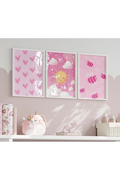 Home 3'lü Sevimli Pudra Pembesi Çocuk ve Bebek Dekoru, Pembe Duvar Tablosu Çe...