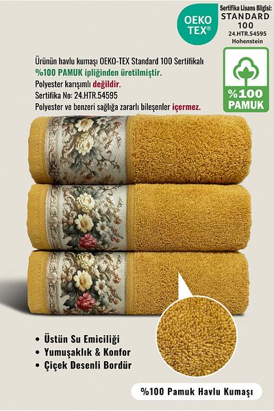 Ellaline Σετ πετσετών 100% βαμβάκι με πιστοποίηση FIORE 3 τεμαχίων με λουλούδια 50x90cm